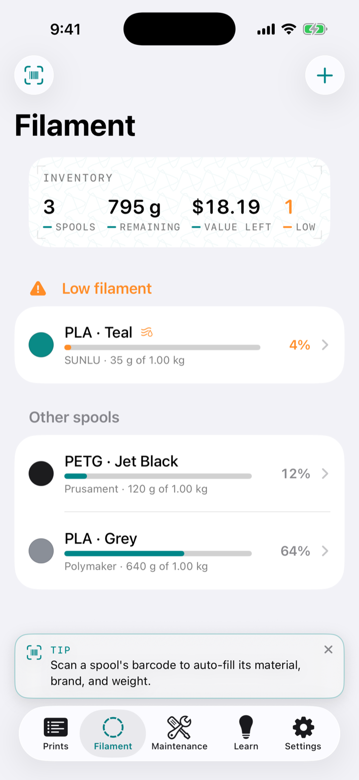 Filament inventory showing each spool with its material, color, and grams remaining.