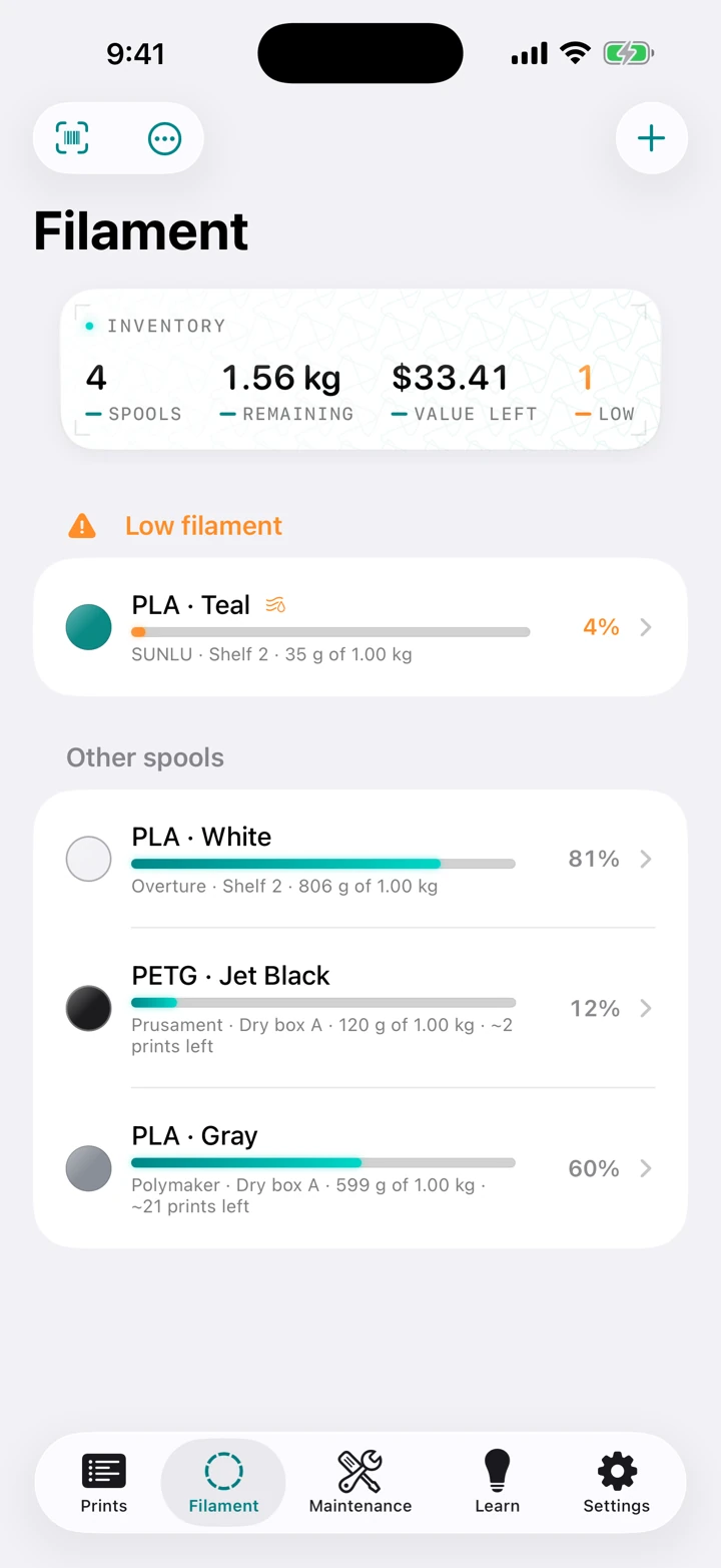 Filament inventory showing each spool with its material, color, grams remaining, and roughly how many prints are left at your pace.
