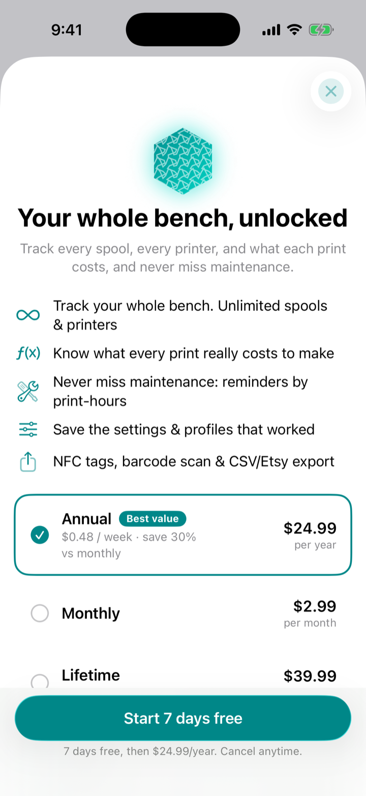 The Gyroid Premium screen listing features and transparent pricing.