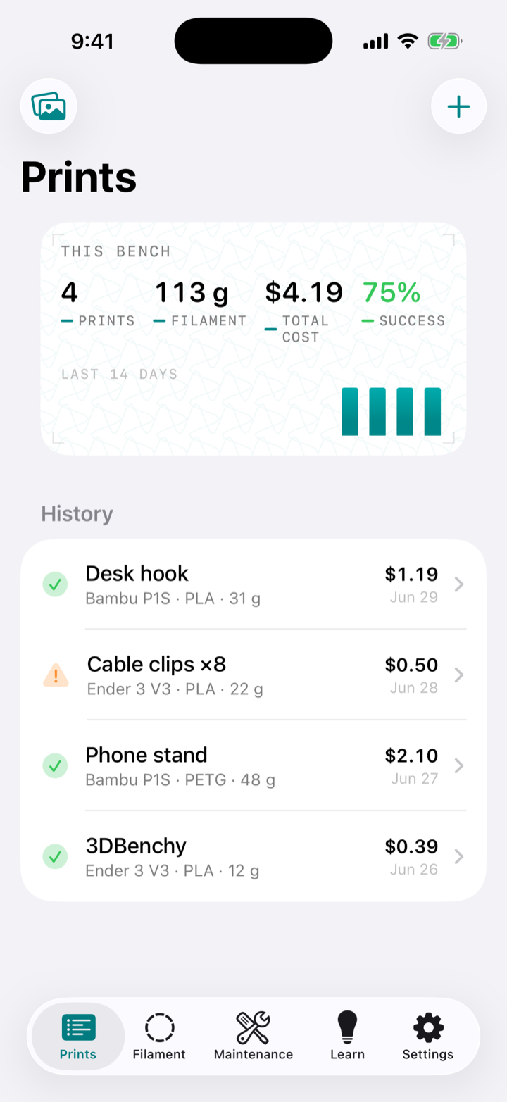 The Gyroid print log: a bench summary card with a 14-day activity chart, above a list of logged prints with cost and result.